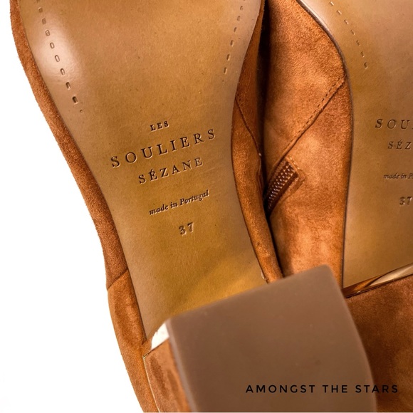 Sezane Lea Camel Brown Suede & Gold Ankle Zipper Boots - Picture 7 of 12